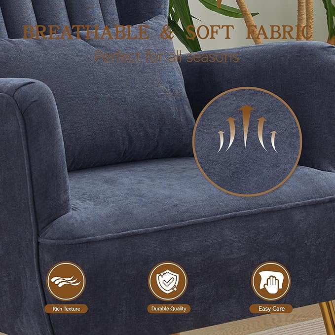Fabric Accent Living Room Arm Chair with Pillow & Golden Legs, 8.5" Thick Cushion, Mid Century Modern Wingback Chairs Upholstered Comfy Sofa Armchair for Reading Room/Bedroom, Navy