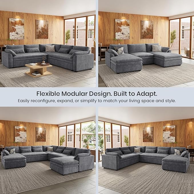 Belffin Large Modular Sectional Sofa with Deep Chaise, 104" Corduroy L Shaped Couch with 9" Soft Dual-Layer Seats Cushion for Living Room, Apartment, Light Grey