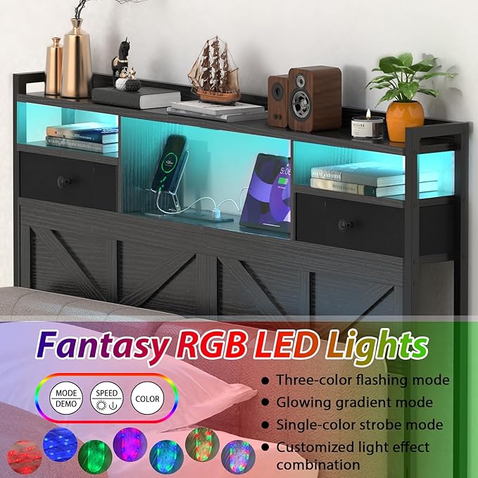 Queen Size Headboard with Drawers, Outlets & USB Ports,Sturdy Wood Bed Frame with Adjustable Height, Built-in LED Lighting (Black, Queen 59 * 7.08 * 45.7)