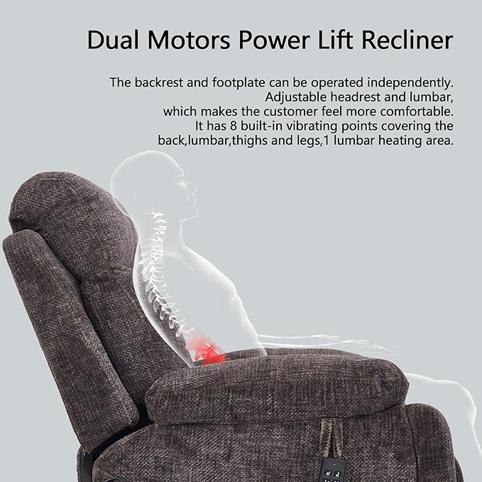 Power Lift Chair Lay Flat Recliner Infinite Position Electric Dual Motor Stand Up Lift Chair with Massage and Heat for Adults,Heavy Duty Recliners with 2 Remote Controls and Two Cup Holders