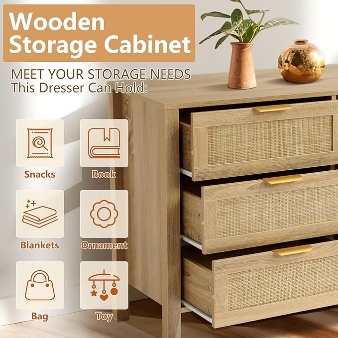 9 Drawer Dressers for Bedroom, Rattan Dresser with Drawers, Modern Wood Dresser with Metal Handles, Chest of Drawers for Bedroom, Living Room, Entryway (9 Drawer)