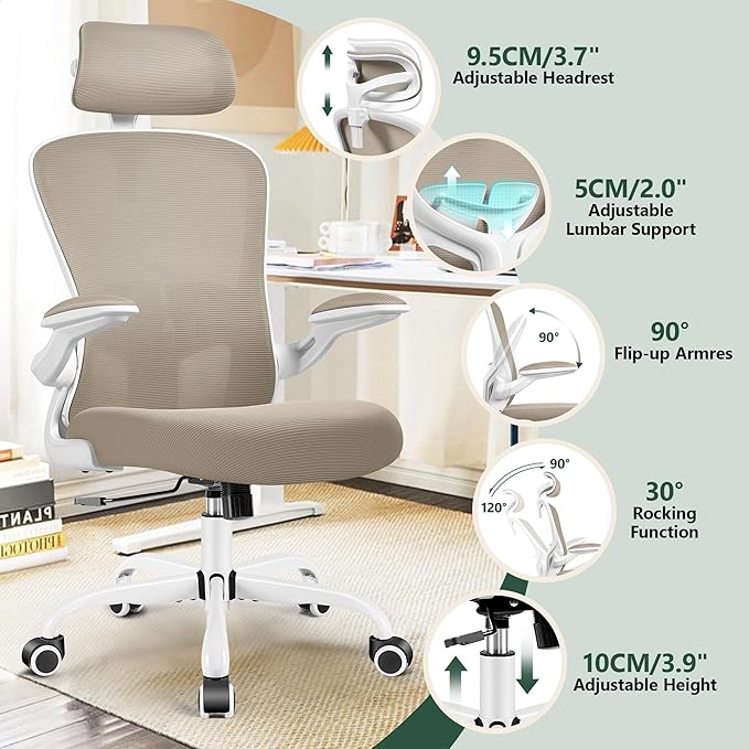 FelixKing Ergonomic Office Desk Chair with Headrest, Wheels, Adjustable Lumbar Support and Height, Swivel Comfy Task Chair with Flip-up Armrests, Ergo Mesh Backrest for Working (Khaki)