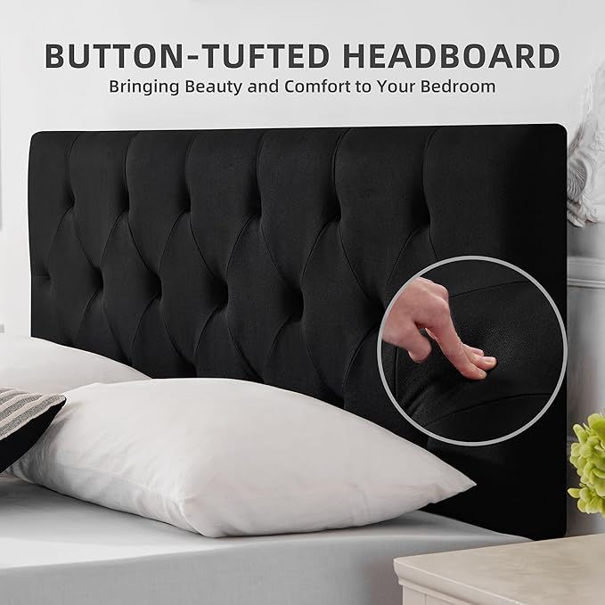 Linen Upholstered Headboard King Size, Modern Diamond Tufting Solid Wood California King Headboard Only, Adjustable Height from 37” to 51” Head Board, Bed Frame or Wall Mount Headboards, Black