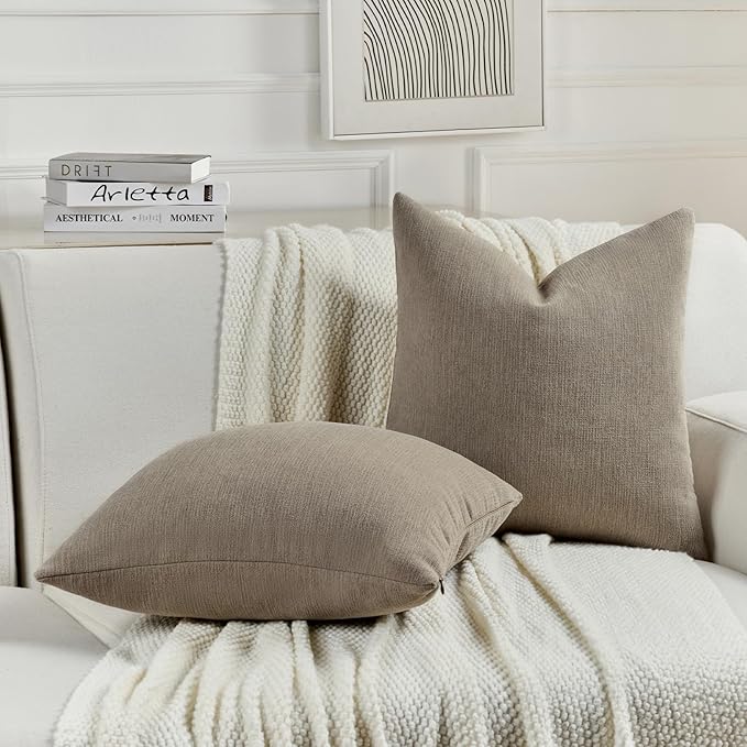 FUTEI Coffee Chenille Decorative Throw Pillow Covers 16x16 Inch Set of 2,Soft Cozy Faux Linen Textured Cushion Case,Farmhouse Home Decor for Couch Living Room