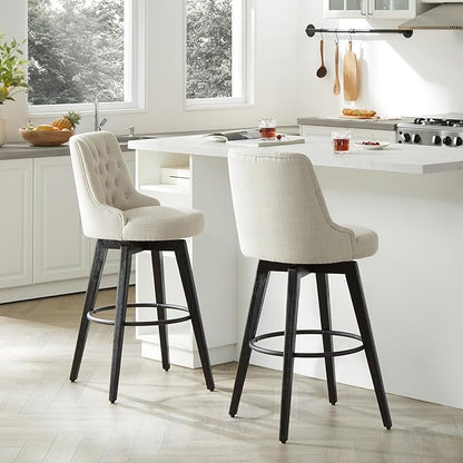 Watson & Whitely Bar Stools, 360° Swivel Upholstered Bar Stool with Back, 30" H Bar Height Barstools, Set of 2, Performance Fabric in Linen