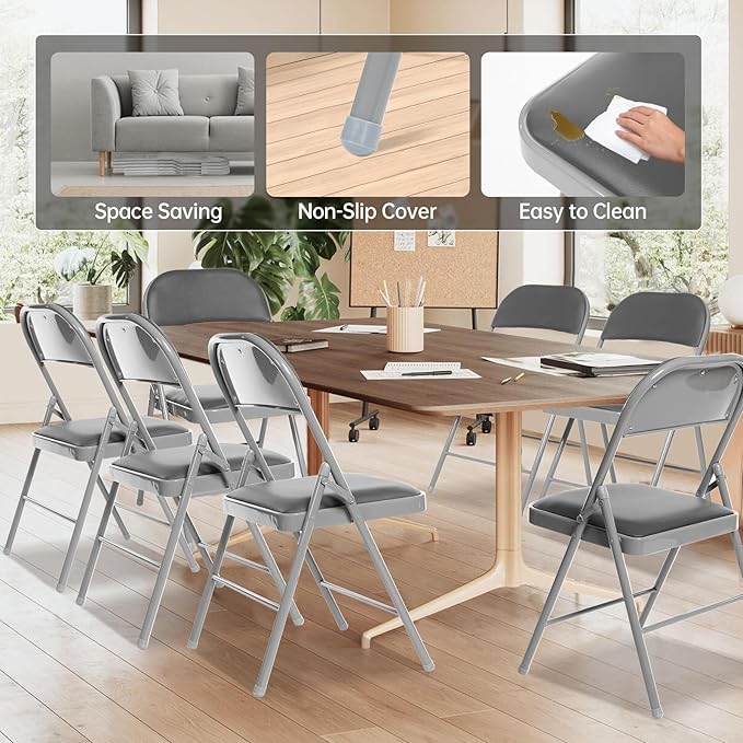 4 Pack Folding Chairs with Padded Seats, Padded Folding Chair with Steel Frame for Events Home Office, Pu Leather Folding Chair Grey