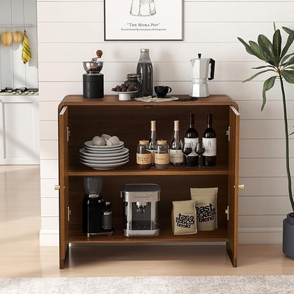 Sideboard Buffet Cabinet with Storage, Wood Arched Storage Cabinet with 2 Doors and Adjustable Shelf, Small Curved Entryway Accent Cabinet for Living Room Hallway Kitchen Dining Room, Walnut