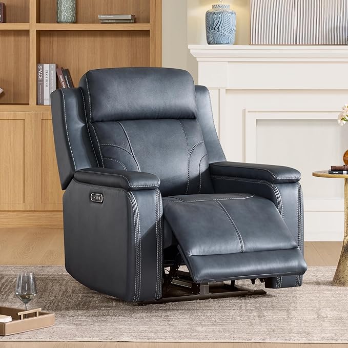 Watson & Whitely Genuine Leather Electric Recliner Chairs for Adults, Lay Flat Recliner with Power Headrest & Chargers for Living Room, Navy