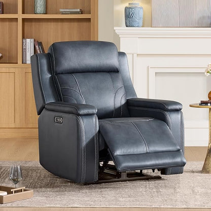 Watson & Whitely Genuine Leather Electric Recliner Chairs for Adults, Lay Flat Recliner with Power Headrest & Chargers for Living Room, Navy