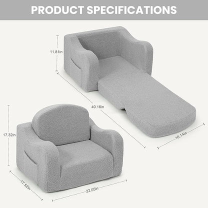 Comfy Toddler Chair & Kids, 2-in-1 Soft Couch Fold Out for Kids, Toddler Chairs Comfy 1-3 Years Old, Convertible Plush Sofa to Lounger for Girls and Boys,Light Grey