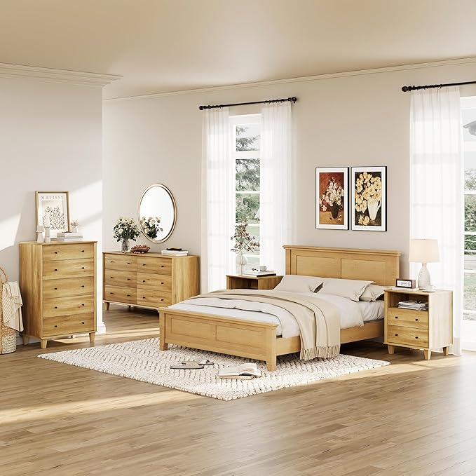 5 Drawer Dresser for Bedroom, Tall Modern Chest of Drawers, Beveled Profile Design, Wood Drawer Organizer for Bedroom, Living Room, Hallway and Entryway,Oak