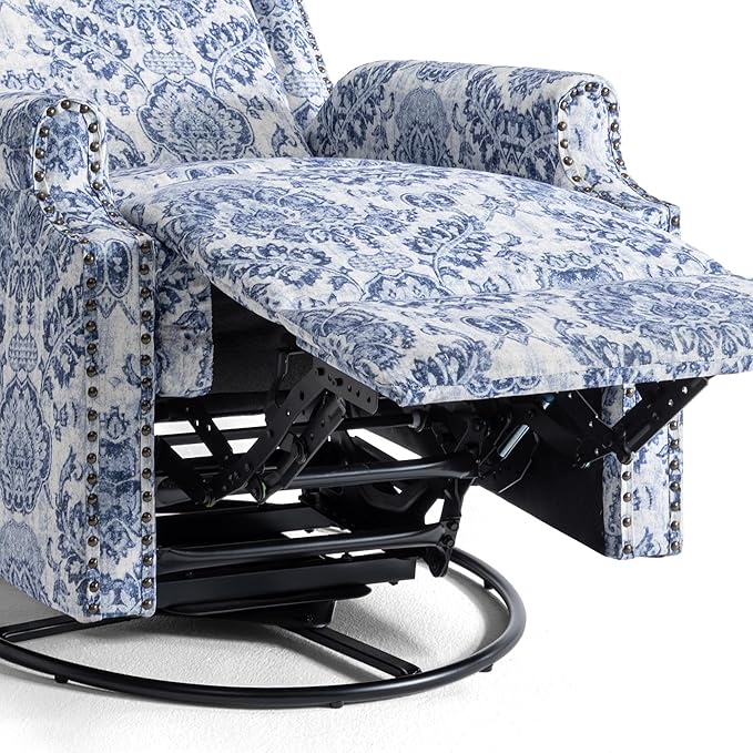 UIXE Swivel Rocker Manual Recliner Chair, Wingback Swivel Glider Fabric Nursery Reclining Sofa Chair, High Back Upholstered Arm Chair for Living Room Bedroom - Navy Floral