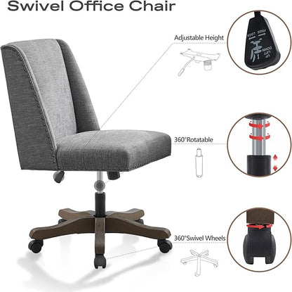 Upholstered Armless Home Office Chair with Wooden Legs, Modern Office Desk Chair No Arms Sewing Chair Adjustable Swivel Desk Chair for Farmhouse Office Study Studio (Dark Gray)