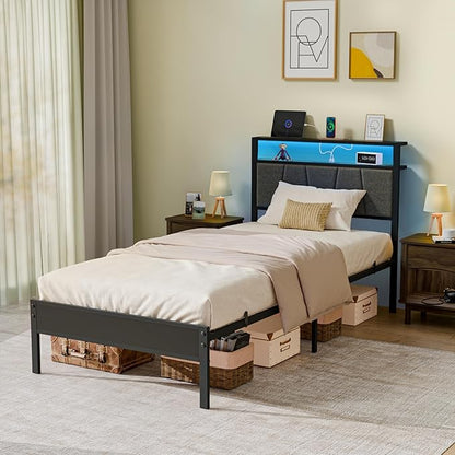 Z-hom Twin Bed Frame with Upholstered Headboard and Footboard, Metal Platform with Dual Storage Compartments, LED Lights and USB Ports, Easy Assembly, Grey
