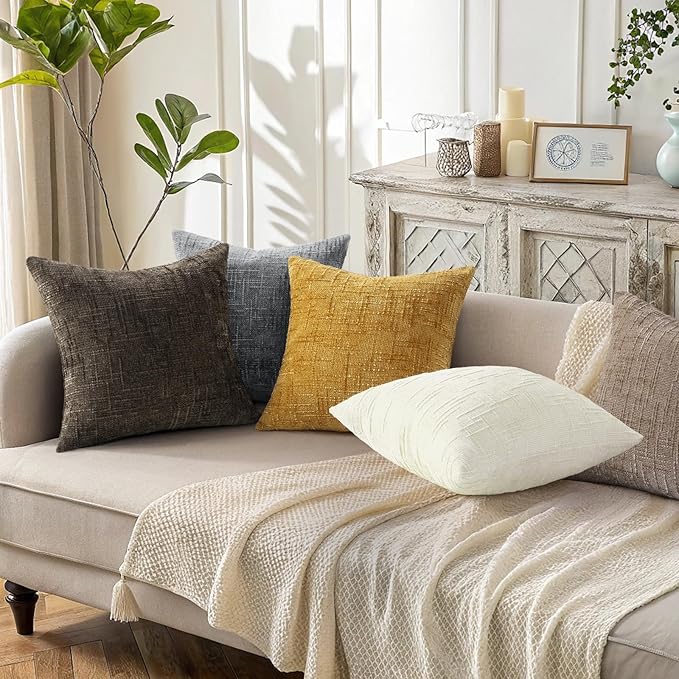 decorUhome Dark Grey Chenille Throw Pillow Covers 16x16 Set of 2 Thick Textured Slubby Couch Pillow Covers Farmhouse Accent Modern Neutral Decorative Pillow Cases for Bed Sofa Living Room