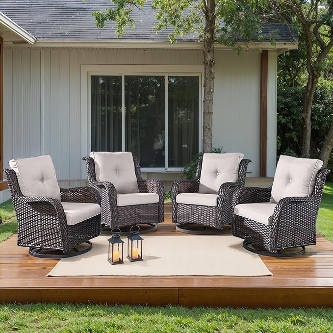 HUMMUH Outdoor Swivel Rocker Wicker Patio Chairs High Back PE Rattan Glider Chairs 4PCS Patio Furniture Set(Brown,Beige)
