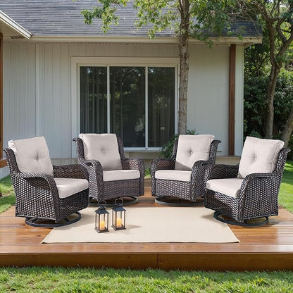 HUMMUH Outdoor Swivel Rocker Wicker Patio Chairs High Back PE Rattan Glider Chairs 4PCS Patio Furniture Set(Brown,Beige)