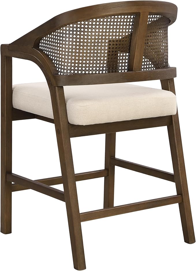 Christopher Knight Home Set of 2 Morley Tropical Wooden Counter Stool,Dining Room/Kitchen Island Barstool with footrest, Curved Backrest,Wicker/Cane Accents,Soft Removable Cushions, Beige+Walnut