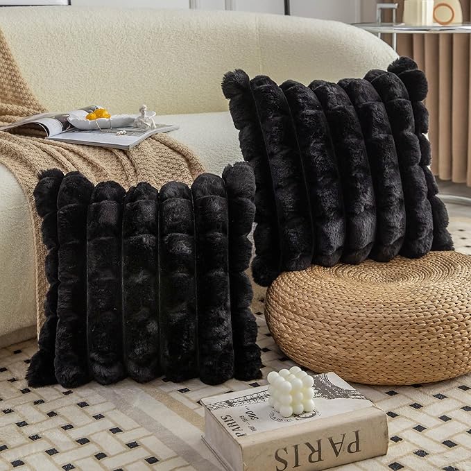 Neelvin Black Faux Fur Cozy Soft Plaid Decorative Throw Pillow Covers 24x24 inch Set of 2,Velvet Pillowcase Cushion Case for Sofa Couch