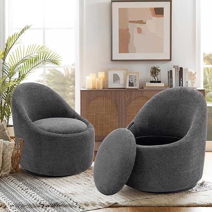 360° Swivel Accent Chair Set of 2, Mid-Century Modern Chair with Hidden Storge, Small Swivel Chair with Arms for Living Room/Office - Dark Grey