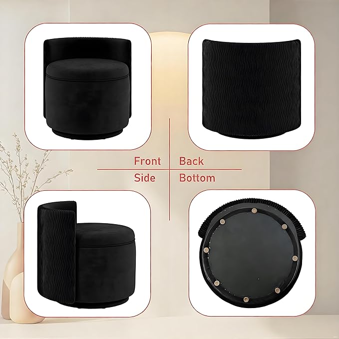 360° Swivel Accent Chair with Storage, Vanity Stool with Back, Velvet Storage Ottoman, Upholstered Round Barrel Vanity Chair for Living Room, Makeup Room, Bedroom (Black)