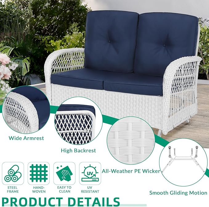 VIVIJASON 2-Piece Patio White Wicker Loveseat Glider Set Cushioned, Outdoor Conversation Furniture Sets W/ 2-Seater Glider Rocking Bench, Coffee Table and Cushions for Porch Garden Poolside, Navy Blue