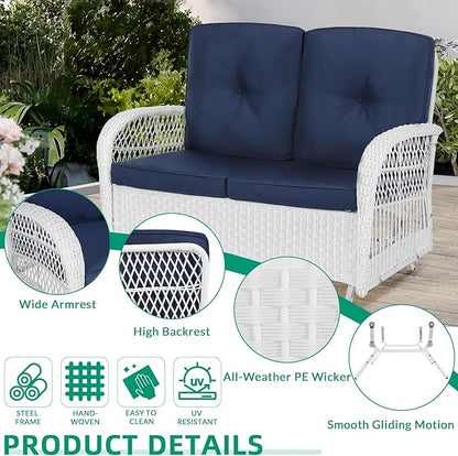 VIVIJASON 4-Piece Outdoor Patio White Wicker Conversation Sets, All Weather Rattan Furniture Set Includes Glider Loveseat, Coffee Table, 2 Glider Rocker Chairs w/Cushion for Lawn Balcony, Navy Blue