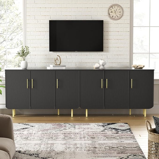 Set of 2 Fluted Black Storage Cabinets, Modern 3-Door Sideboard Buffet Cabinet with Adjustable Shelves and Metal Legs, Accent Cabinet for Kitchen, Living Room, Entryway (Black & Gold)