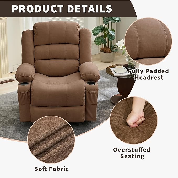 Large Recliner Chair for Adults Overstuffed Fabric Manual Pull Tab Recliner with Cup Holders, Side Pocket, 3-Position Recline, Minimalist Style Single Sofa Chair for Living Room Bedroom, Brown