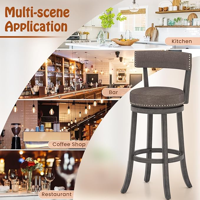 COSTWAY Bar Stools Set of 4, Upholstered Farmhouse Bar stools with Cushioned Seat & Backrest, Solid Wood Legs, Footrest, 31” Bar Height Swivel Stools for Kitchen Island, Pub (4, 31'' Seat Height)
