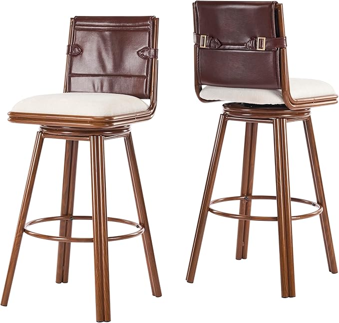 Christopher Knight Home Sibyl Fabric Upholstered Counter Height Bar Stools Set of 2, Metal Stool Chair for Kitchen Island with Faux Leather Backrest, Armless Counter Stool with Footrest, Beige+Walnut