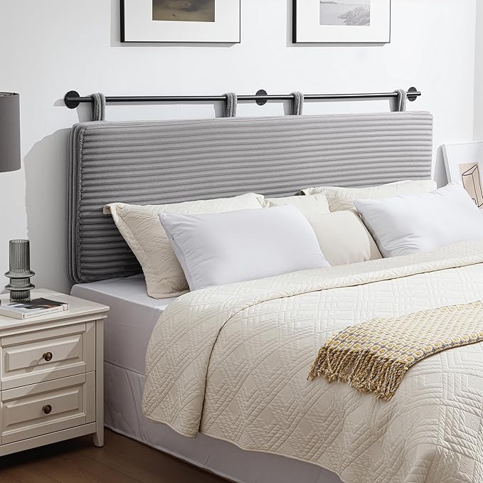 UEV King Headboard Only, Wall Mounted Hanging Upholstered Bed Head Board, Modern Vertical Channel Design of Fine Flannel, Elegant Grey Fluted Headboard for Bedroom (Grey, King Size)