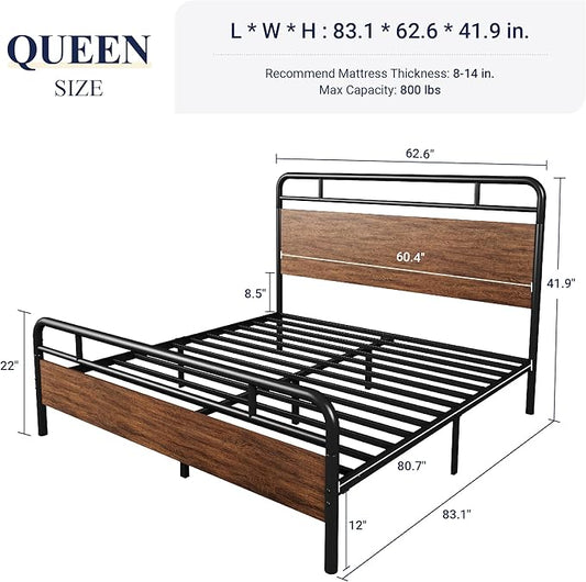 Allewie Queen Size Platform Bed Frame with Wooden Headboard and Footboard, Heavy Duty 13 Metal Slats Support, Under-Bed Storage, No Box Spring Needed, Noise Free, Easy Assembly, Walnut