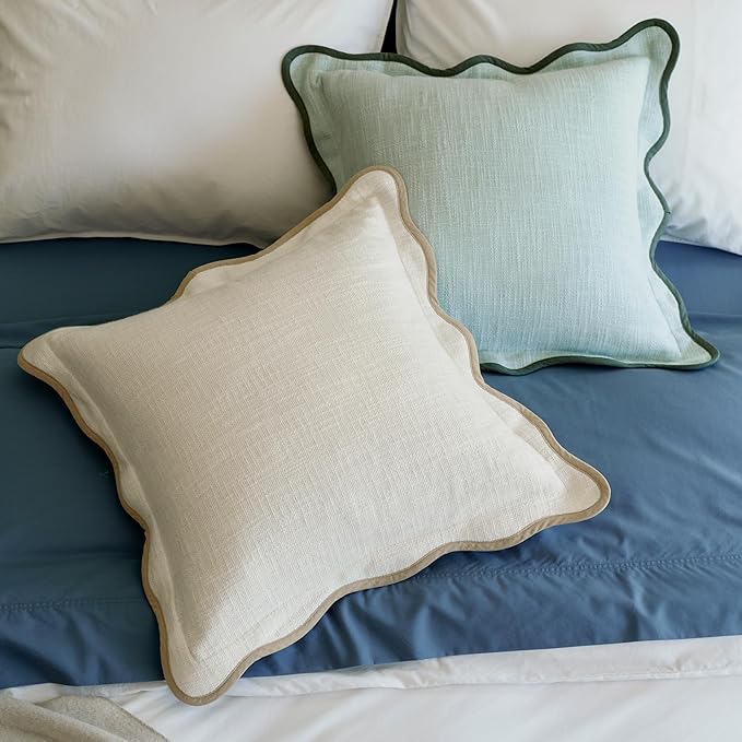 Double Stitch Scalloped Throw Pillow Covers - 100% Cotton Decorative Boho Pillow Covers 18 x 18, Made in India, Square Cushion Case, Modern Home Decor for Couch Sofa Living Room, Cream