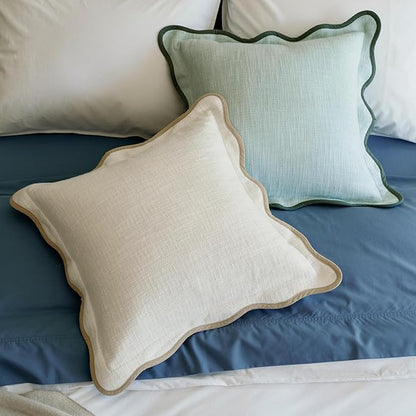 Double Stitch Scalloped Throw Pillow Covers - 100% Cotton Decorative Boho Pillow Covers 20 x 20, Made in India, Square Cushion Case, Modern Home Decor for Couch Sofa Living Room, Cream