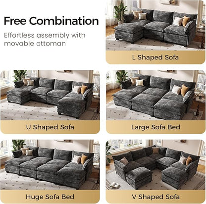 KKL Modular Sectional Sofa, L-Shaped 4 Seater Cloud Couch with Ottoman, Chenille Modern Sectional Couches for Living Room, Apartment, Grey
