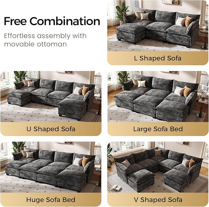KKL 120" Modular Sectional Sofa, Large V Shape 7 Seater Convertible J/L/U-Shaped Modern Sectional Couch with Ottoman, Chenille Sectional Couches for Living Room, Apartment, Grey