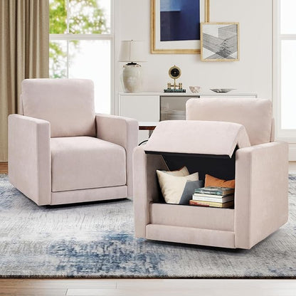 INZOY Swivel Accent Chair Set of 2, Comfy 360° Swivel Chair with Hidden Storage, Upholstered Chenille Square Chair for Living Room Bedroom Small Spaces, Fully Assembled, Beige