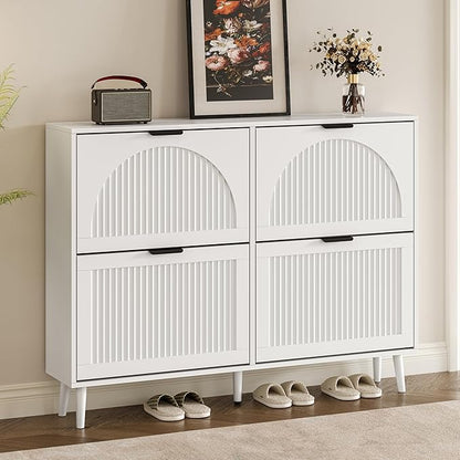 Shoe Cabinet for Entryway with 4 Flip Drawers, Slim Wooden Shoe Storage Organizer with Modern Fluted Pannel，Freestanding Narrow Hidden Shoe Rack for Hallway, Foyer, Living Room