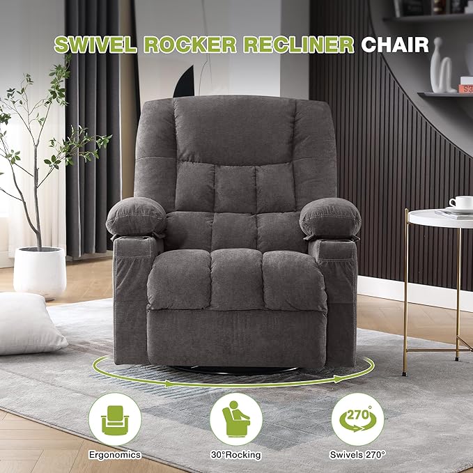 Power Recliner Chair with Rocking Function for Adults,Oversized Swivel Recliner with 2 Cup Holders,Side Pocket for Living Room