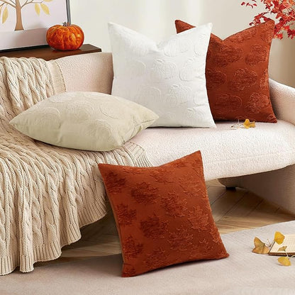 decorUhome Decorative Beige Pumpkin Thanksgiving Throw Pillow Covers 20x20 Set of 2, Soft Chenille Jacquard Farmhouse Textured Pillow Covers for Couch Bed Sofa Autumn Harvest Halloween Holiday
