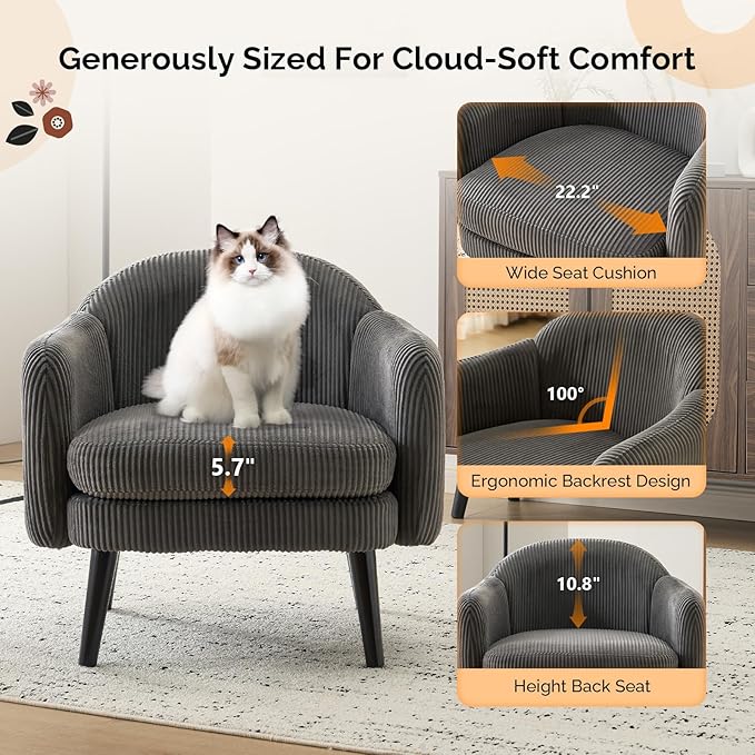 VINGLI 30.3" Wide Modern Barrel Accent Armchairs Set of 2 with Track Armrest, Solid Wooden Legs, Comfy Upholstered Club Chairs, Single Home Sofa for Living Room, Bedroom, Reading Room, Corduroy Grey