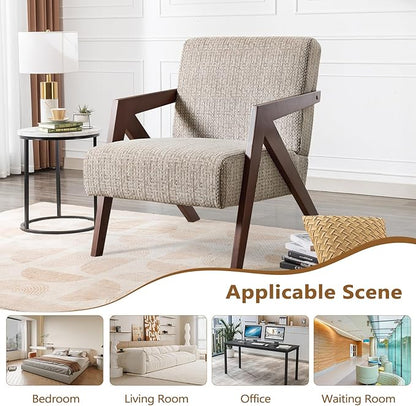 Bonzy Home Mid-Century Modern Accent Chair with Wood Frame, Upholstered Armchair for Bedroom & Living Room, Linen Fabric Cushion, Z-Shaped Armrest Design, Sturdy Lounge Chair,Brown