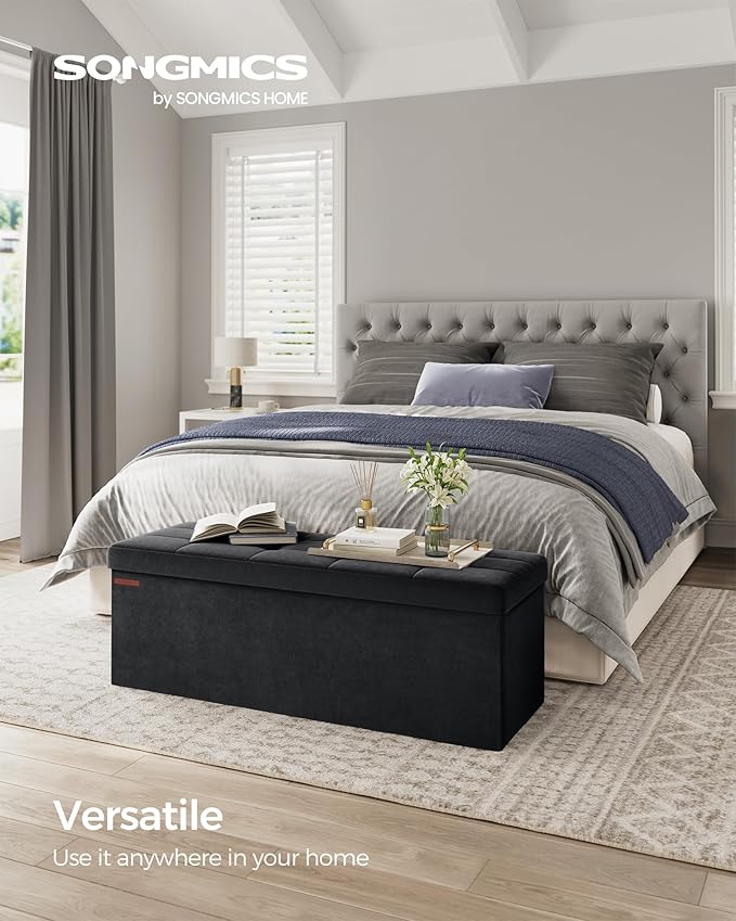 SONGMICS Mazie Collection - Storage Ottoman Bench, Foldable Foot Rest, 15 x 43 x 15 Inches, End of Bed Bench, Storage Chest, Load 660 lb, Living Room, Bedroom, Entryway, Ink Black ULSF277B01