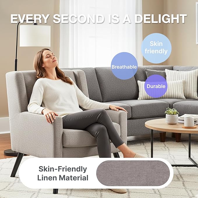 Mid-Century Modern Accent Chair, Plush Linen Fabric with Button Tufted High Back & 5" Thick Cushion, High Comfort Reading Chair for Living Room, Bedroom, Office (Light Gray)