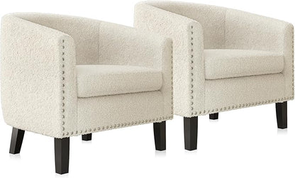 BELLEZE Accent Barrel Chairs Set of 2, Modern Tub Club Chairs Upholstered Armchairs for Living Room, Accent Chairs with Silver Nail Head Trim Black Legs - Kyara (White/Polyester)