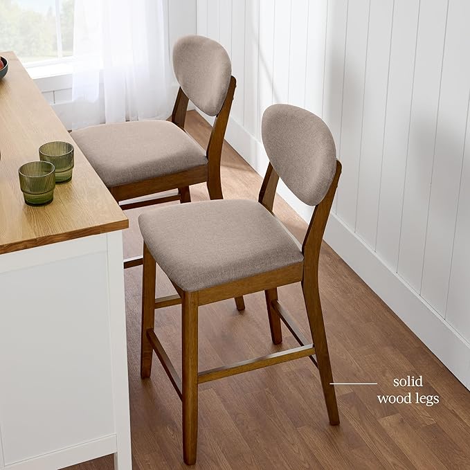 Best Choice Products Bar Stool Set of 2, Mid-Century Modern Upholstered Wood, Armless Counter Height w/Seat Cushion, Backrest - Walnut/Gray
