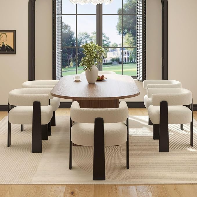 Modern Boho Dining Chairs Set of 6, White Boucle Upholstered Barrel Armchairs with Plush Teddy Fabric, Solid Black Wooden Legs, Mid-Century Accent Chairs for Dining Room, Living Room, Kitchen