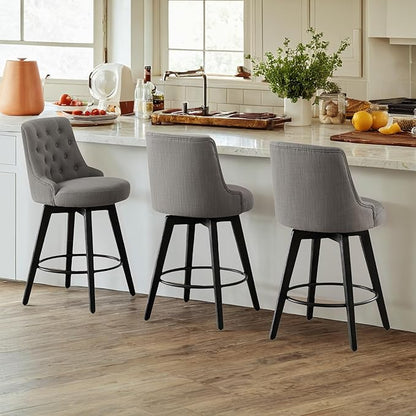 Watson & Whitely Counter Height Bar Stools Set of 3, Performance Fabric Upholstered Modern Swivel Barstool with Back, Solid Wood Legs, 26" H Seat, Flint Grey
