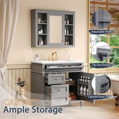 36" Bathroom Vanity with Matching Medicine Cabinet, Modern Sink Storage Cabinet with Drawers, Soft Closing Doors and Shelf, Bathroom Vanities with Sink & Mirror